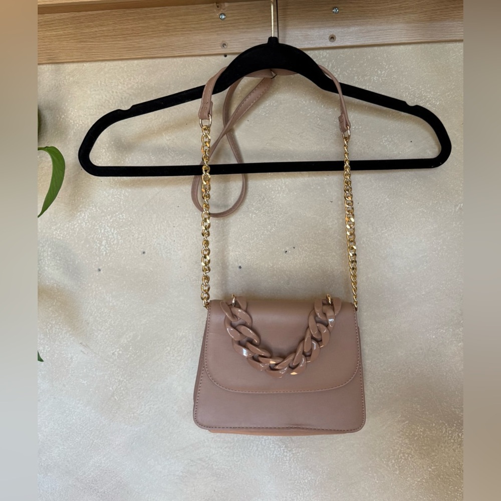 Blush Crossbody Bag with Gold Chain Strap and Leaf Embellishments